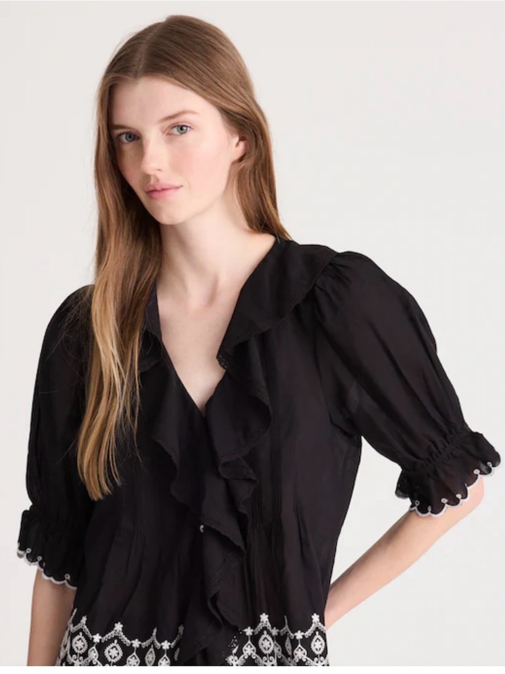 Madewell Black Ruffle V-Neck Blouse with Embroidered Hem NWT